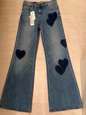 Johnny Was NEW Darling Amore Denim Heart Wide-Leg Jeans Dark Blue size 25